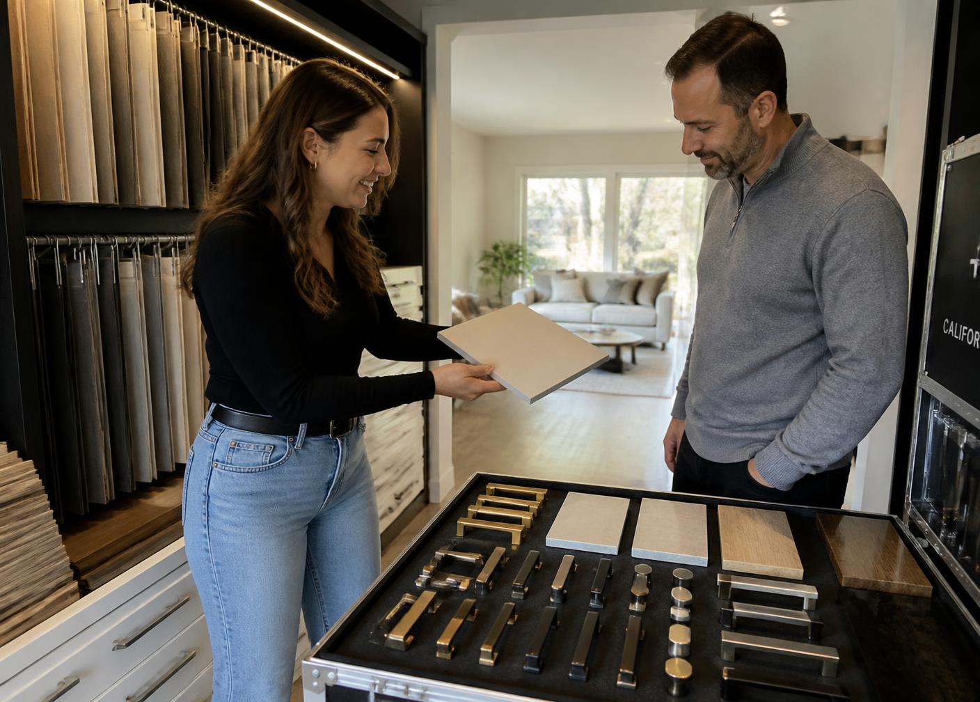 Singh Closets designer showing finish and hardware samples from the mobile showroom in a customer's home